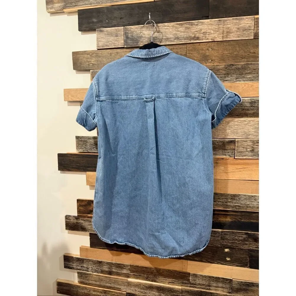 Sézane Denim Mini Short-Sleeve cotton Ana Shirt Dress oversized size 34 - Picture 3 of 9